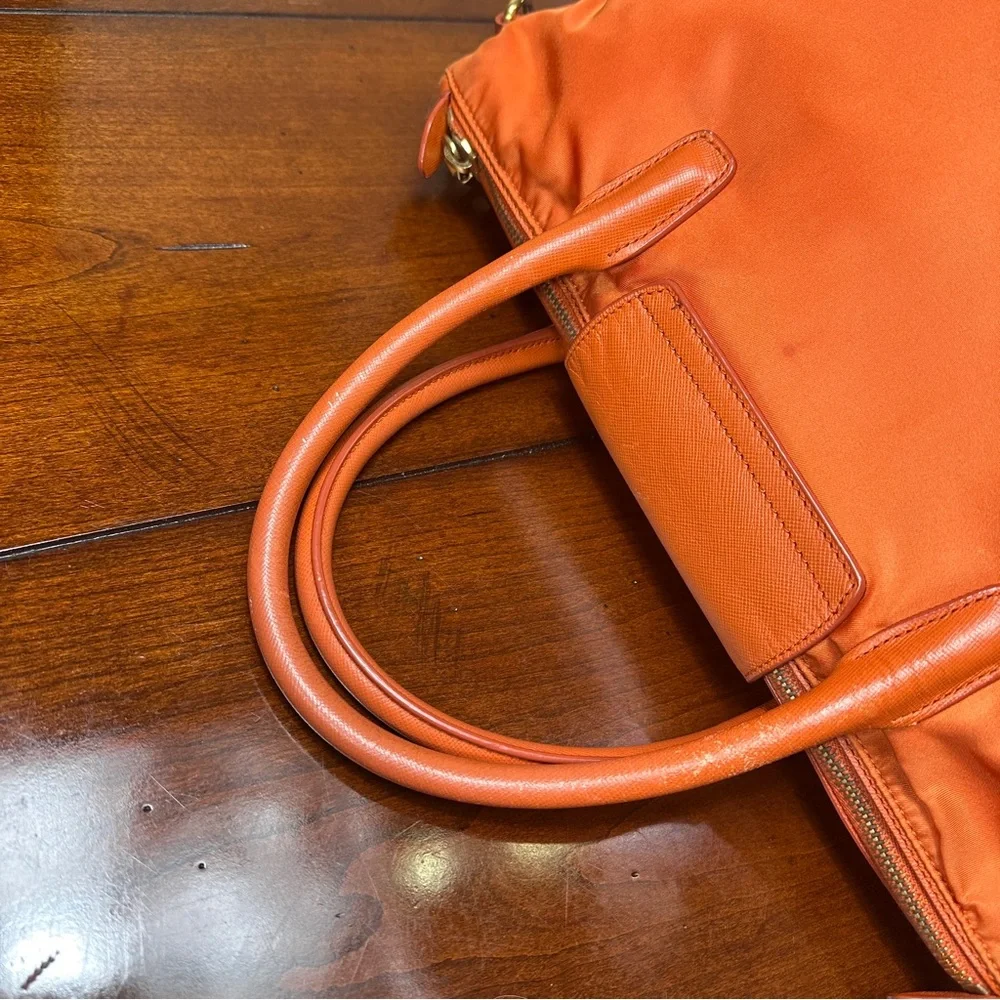 AUTHENTIC Prada Tessuto Nylon Saffiano Tote. Color: Papaya. - Picture 8 of 15